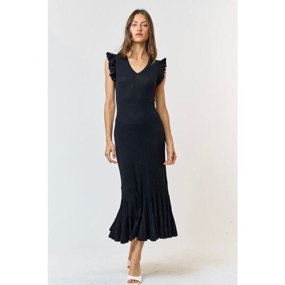 Ruffle Sleeve Pleated Mermaid Sweater Maxi Dress in Black - Picture 1 of 5